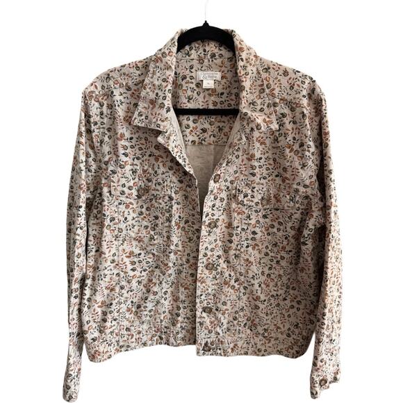Quality Linen Autumn Ditzy Leaf Print Jacket Fall Colors Collared Pockets EUC XL - Picture 1 of 7